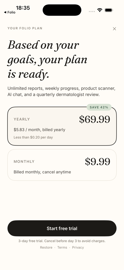 Folio membership screen with yearly and monthly plans