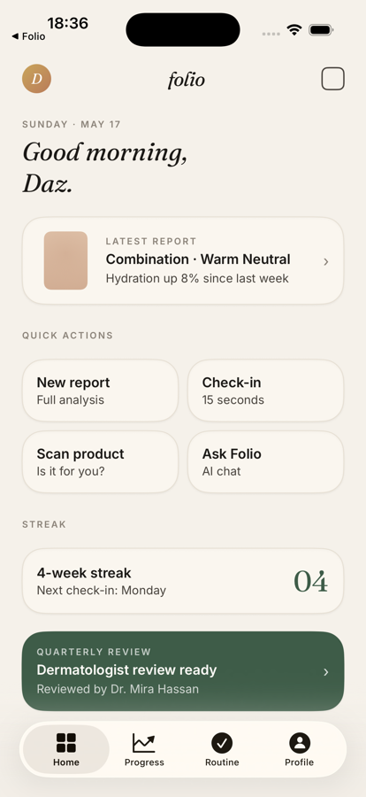 Folio home screen with latest report summary and quick actions